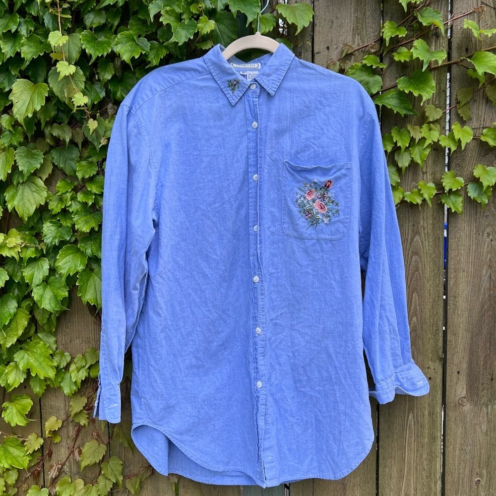 Vintage denim button down with floral embroidery